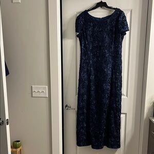 Gorgeous navy blue satin, lace, and sequined floor-length evening gown